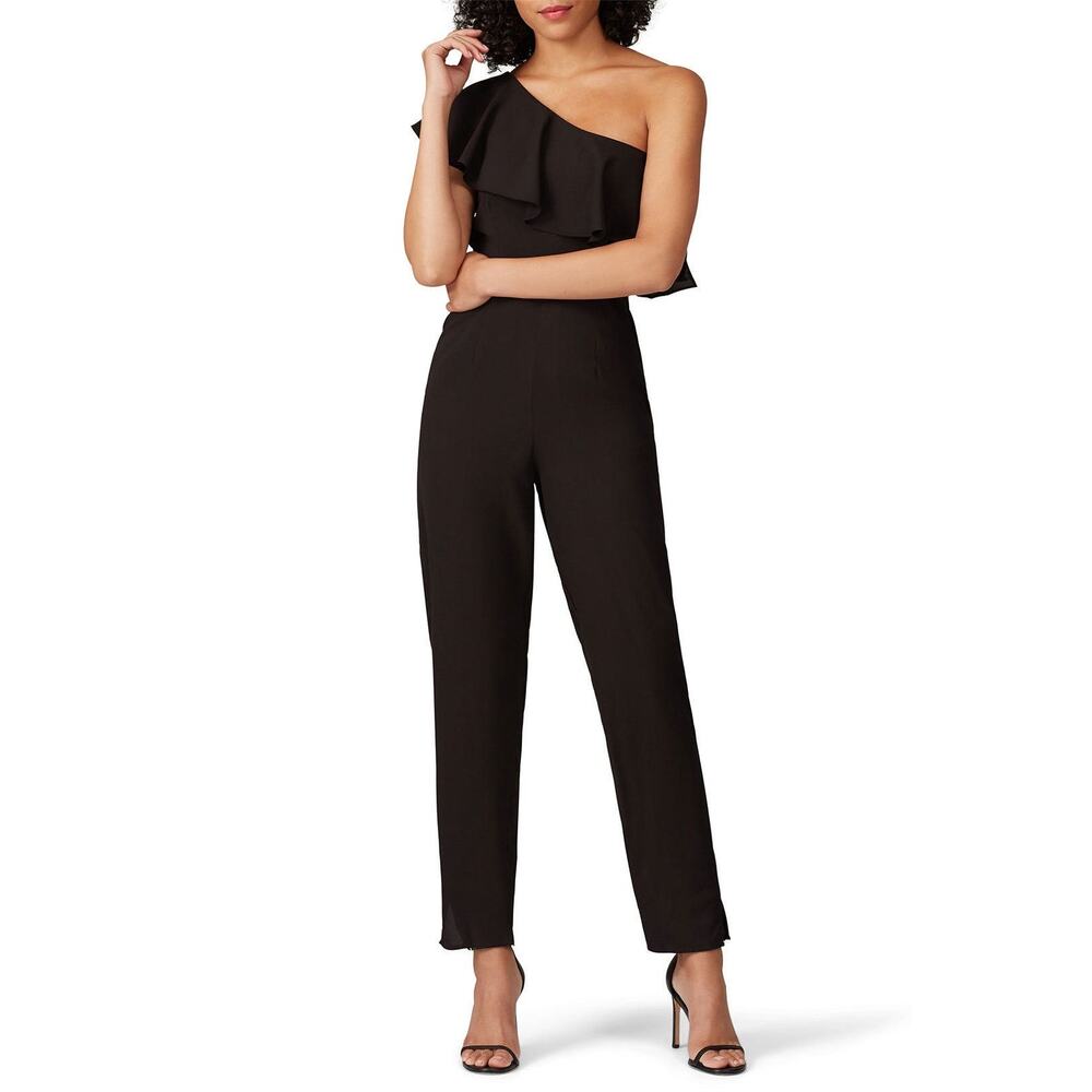 Yumi Kim Sz XXS Black Crepe Cascade Ruffled One Shoulder Cocktail Jumpsuit Sexy